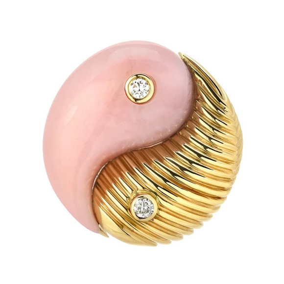 Retrouvai pink opal 14k gold diamond yin yang ring - Picture 2 of 4